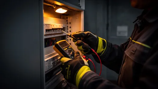 Elektricien meet met een multimeter aan een open verdeelbord