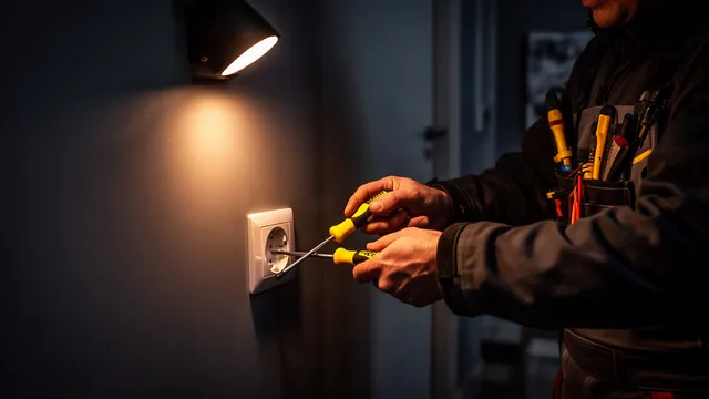Elektricien vervangt een stopcontact in een woonkamer